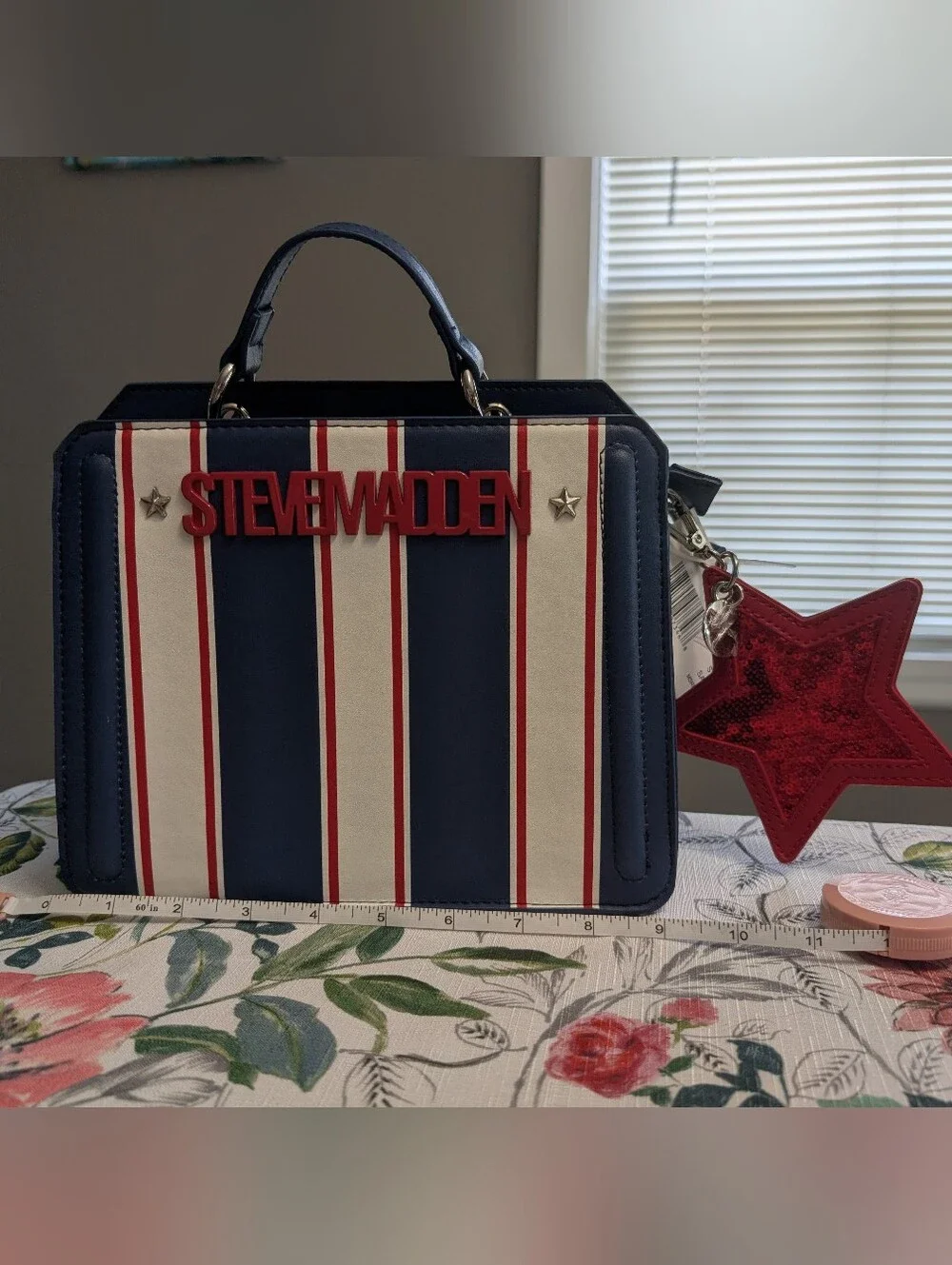 Steve Madden Navy, White & Red Striped Top-Handle Satchel with Red Star Charm